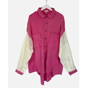 POL Pink Gauze Crochet Sleeve Button Up Shirt Top Large Boho Oversized NWOT